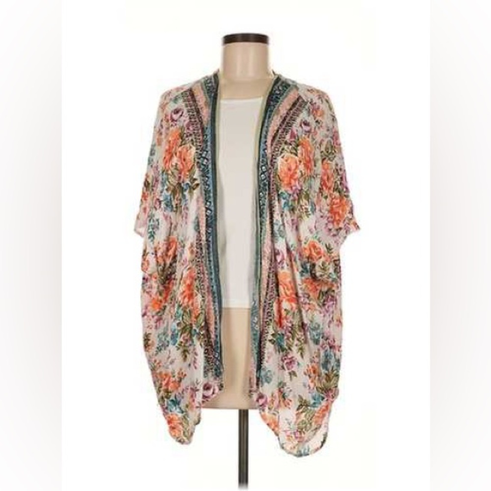 Angie Floral Kimono Large Blue Coral Pink Boho Beach Cover Up Resort Coastal EUC - Picture 2 of 7